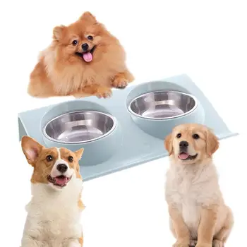 Dvigubas šuns dubuo | Patvarūs šunų patiekalai ant įrodymo | Šunų vandens ir maisto dubenėlių rinkinys su įdubos dizaino neslystančiu dubeniu, kurį lengva plauti W
